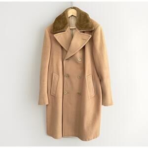 Vintage Zero King 100% Wool Overcoat Camel 1950s Coat w/ Mouton Collar Size 44L